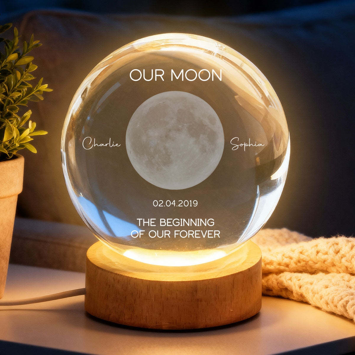 Our Moon Special Date, Custom Moon Phase by Date - Personalized Crystal Ball Night Light - Heartfelt Anniversary Gift for her, for him