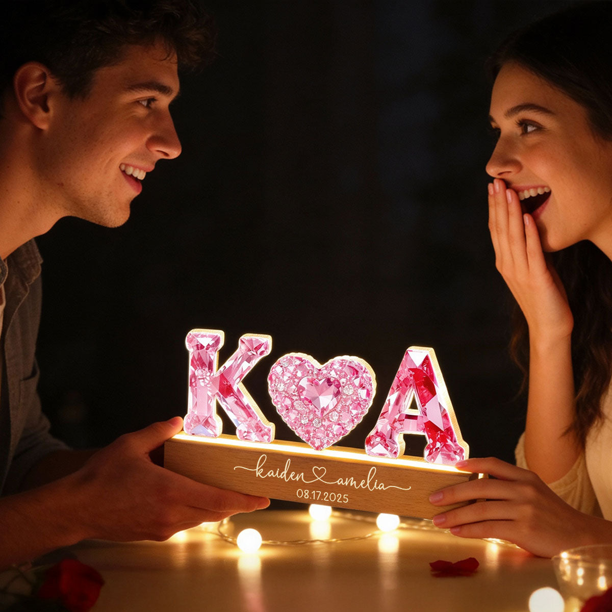 Couple Love Initial - Personalized Acrylic Block LED Night Light - Sentimental Anniversary, Valentine's Day Gift for her, for him