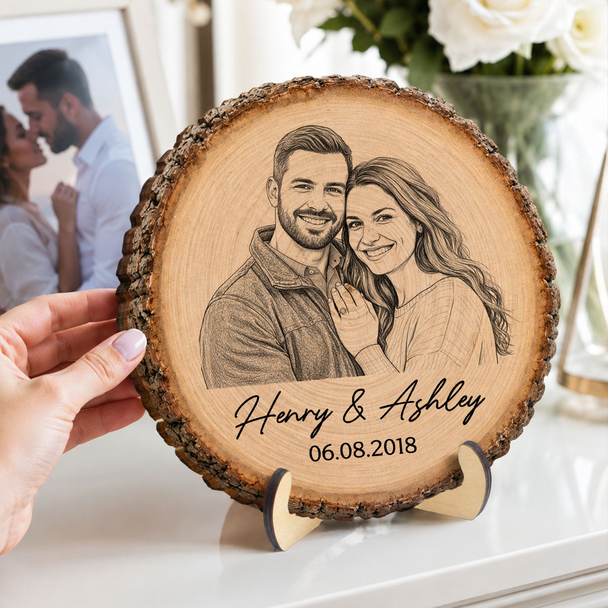 Custom Photo Sketch Couple Plaque – Personalized 2-Layer Wooden Keepsake With Names & Date