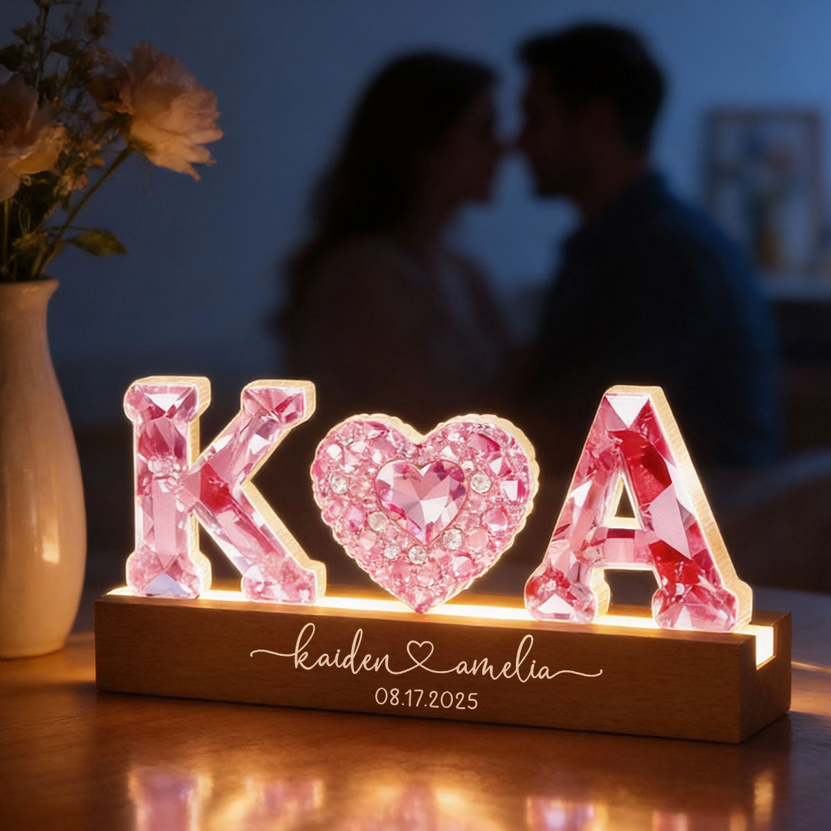 Couple Love Initial - Personalized Acrylic Block LED Night Light - Sentimental Anniversary, Valentine's Day Gift for her, for him