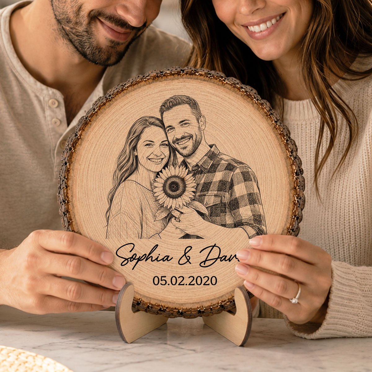 Custom Photo Sketch Couple Plaque – Personalized 2-Layer Wooden Keepsake With Names & Date