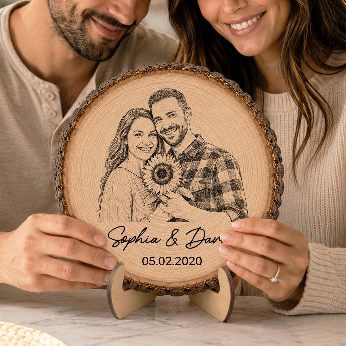 Custom Photo Sketch Couple Plaque – Personalized 2-Layer Wooden Keepsake With Names & Date
