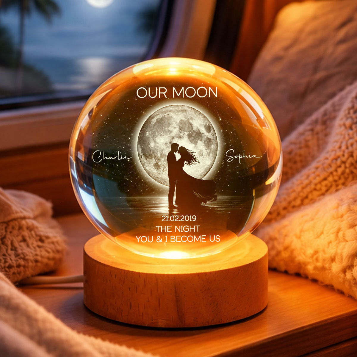 Couple Kissing Under the Moonlight, Custom Moon Phase by Date - Personalized Crystal Ball LED Night Light - Sentimental Valentine's Day Gift for Her, for Him