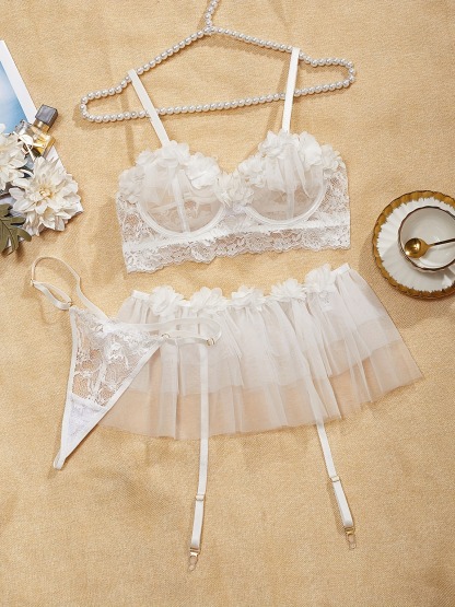 White Lace Lingerie See Through G-String Bar & Skirt Set-SexBodyShop