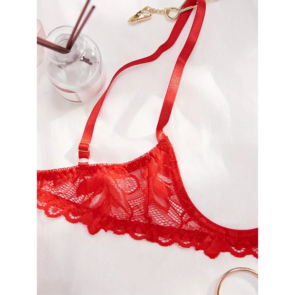 Plus Size Red Open Cup Lace Lingerie Bra & Thong Set-SexBodyShop