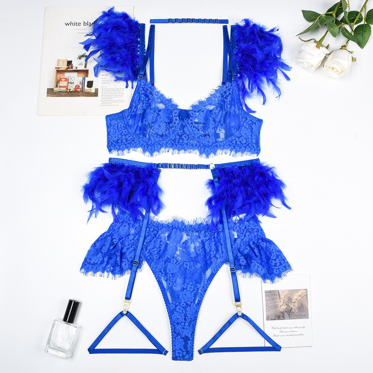 Sexy Blue Feathered Lace Lingerie Bra&Garted Set-SexBodyShop