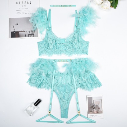 Sexy Blue Feathered Lace Lingerie Bra&Garted Set-SexBodyShop