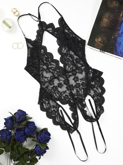 Black Halter Lace Lingerie Teddy-SexBodyShop