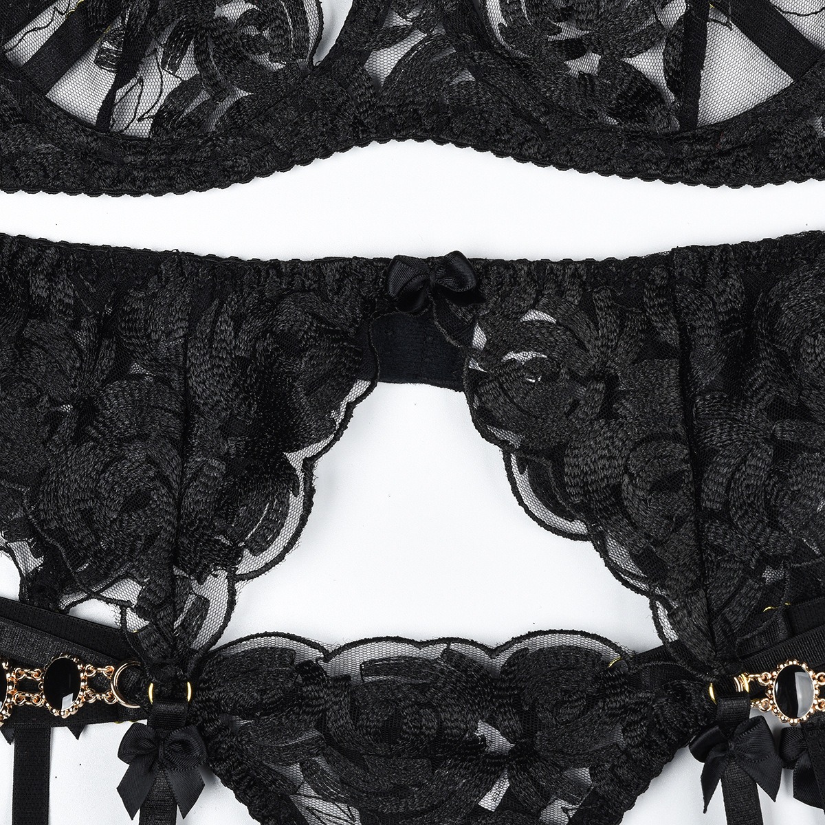 Black Lace Lingerie Embroidered Bra&Garted Set-SexBodyShop