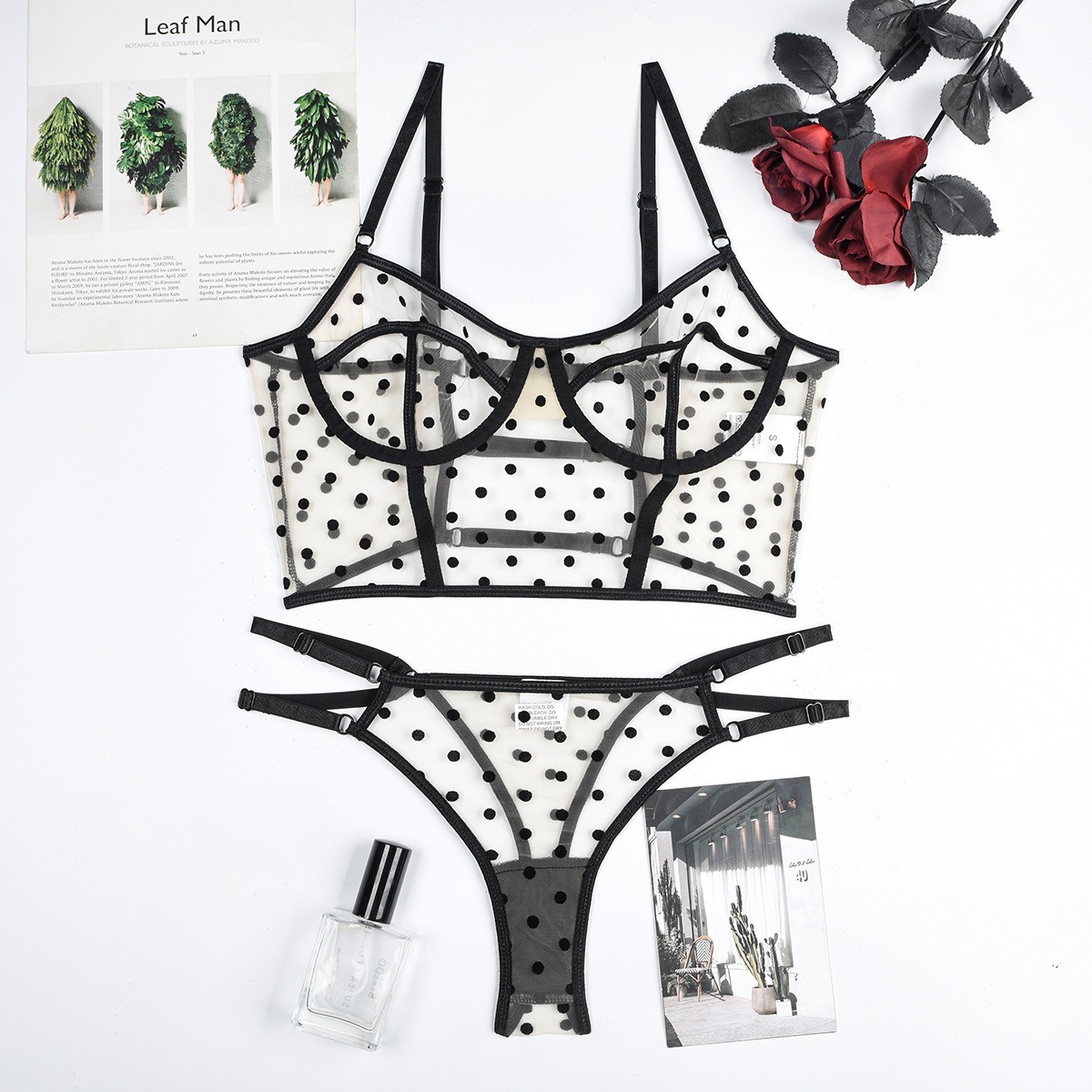 Black&White See Through Dot Gloves Cami&Panty Set-SexBodyShop