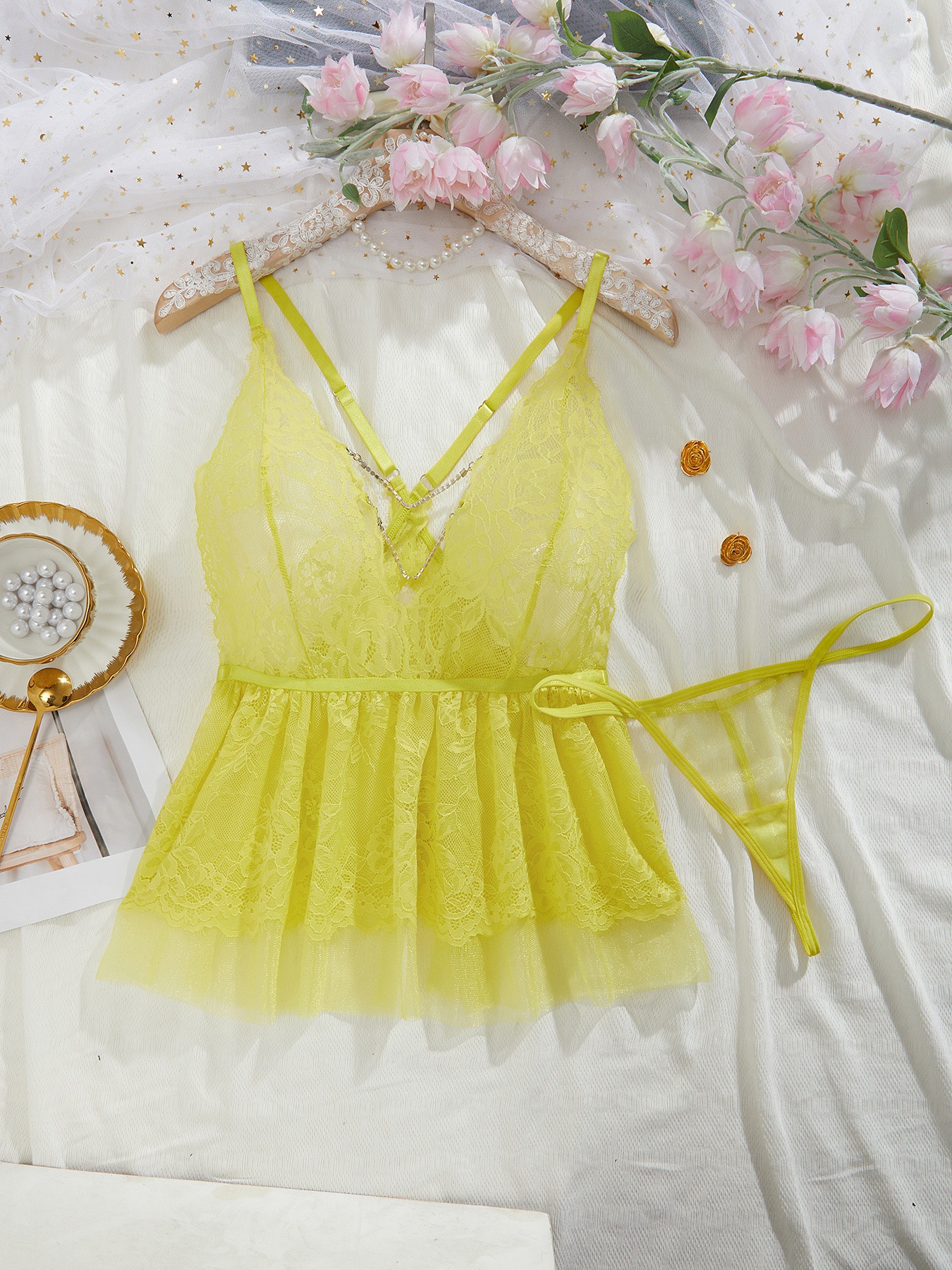 Yellow Lace Babydoll & Thong Set-SexBodyShop