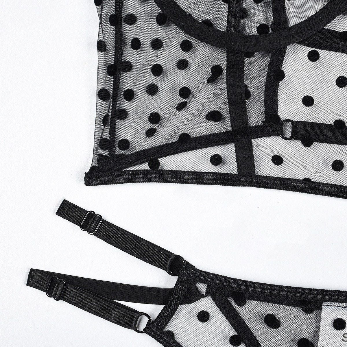Black&White See Through Dot Gloves Cami&Panty Set-SexBodyShop