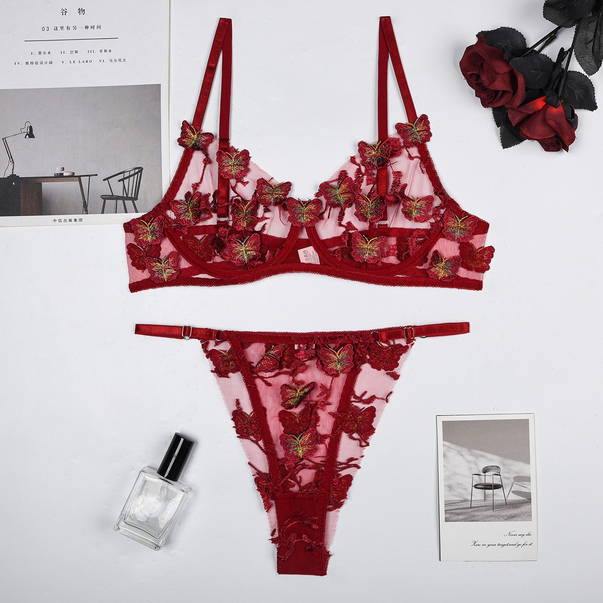 Romantic Red Embroidered butterfly Bra&Panty Set-SexBodyShop