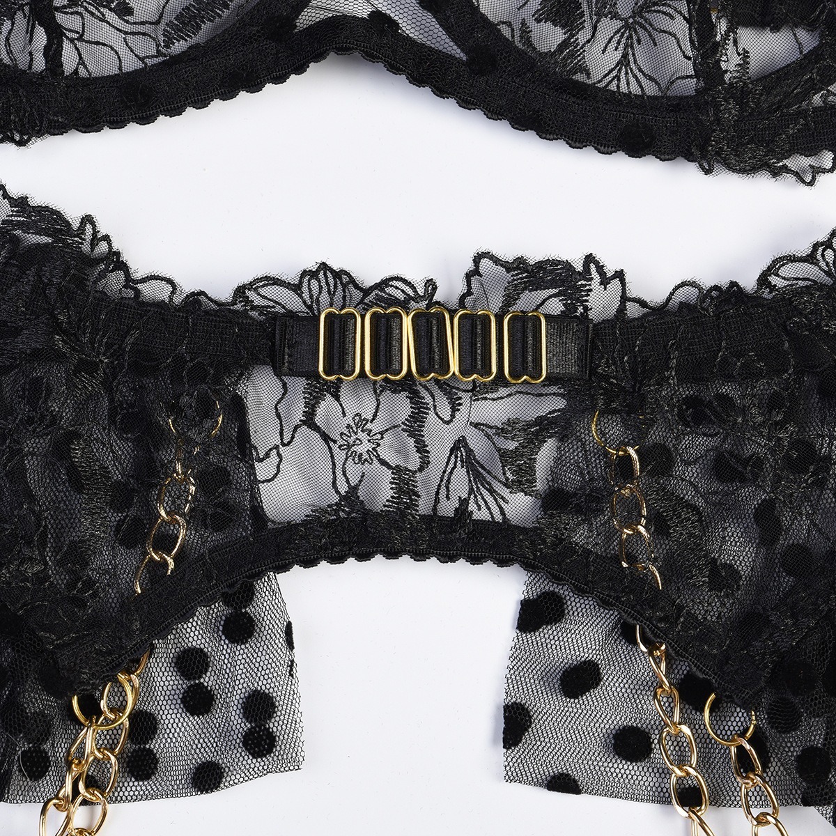Black Lace See Through Chain High Waisted Bra&Garter Set-SexBodyShop