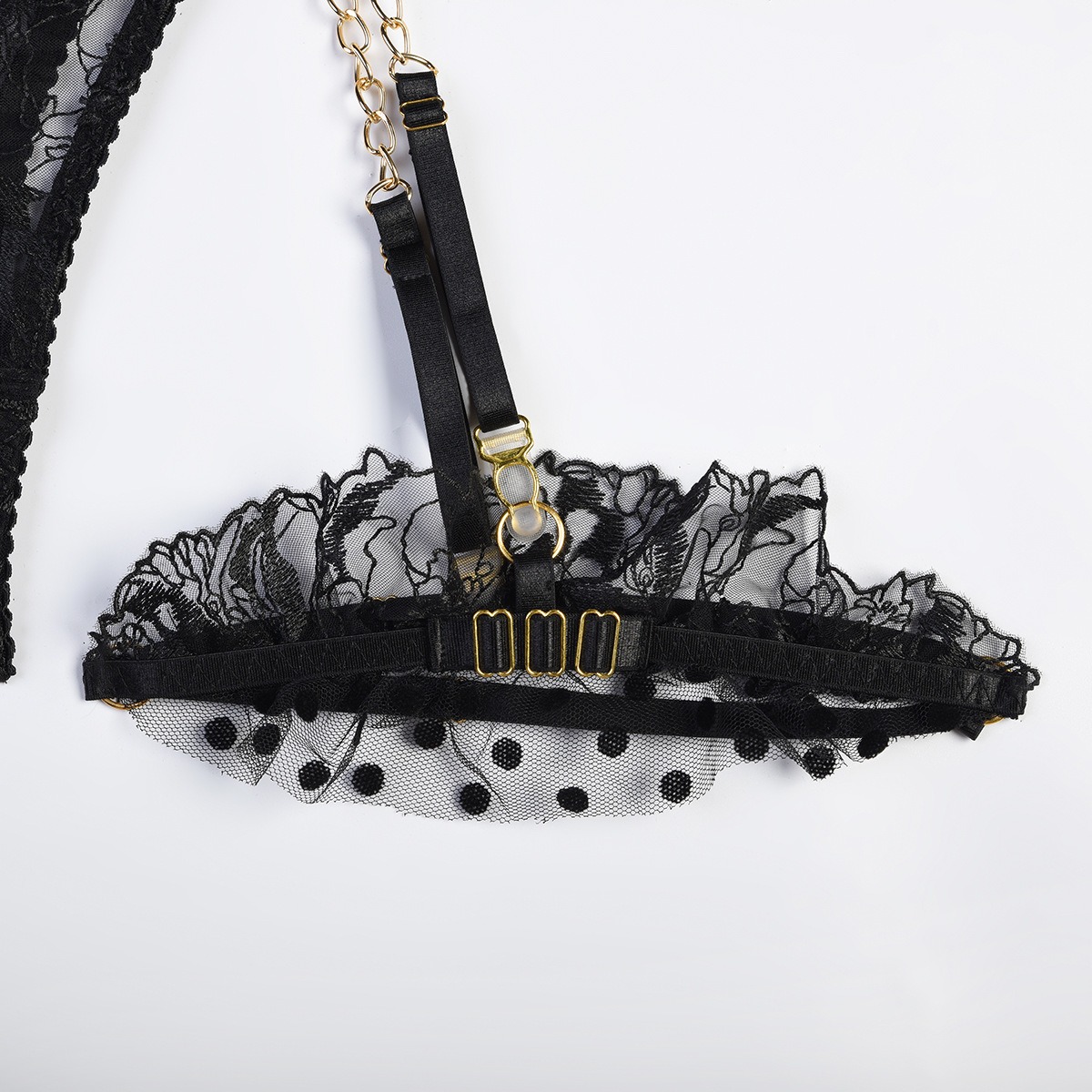 Black Lace See Through Chain High Waisted Bra&Garter Set-SexBodyShop