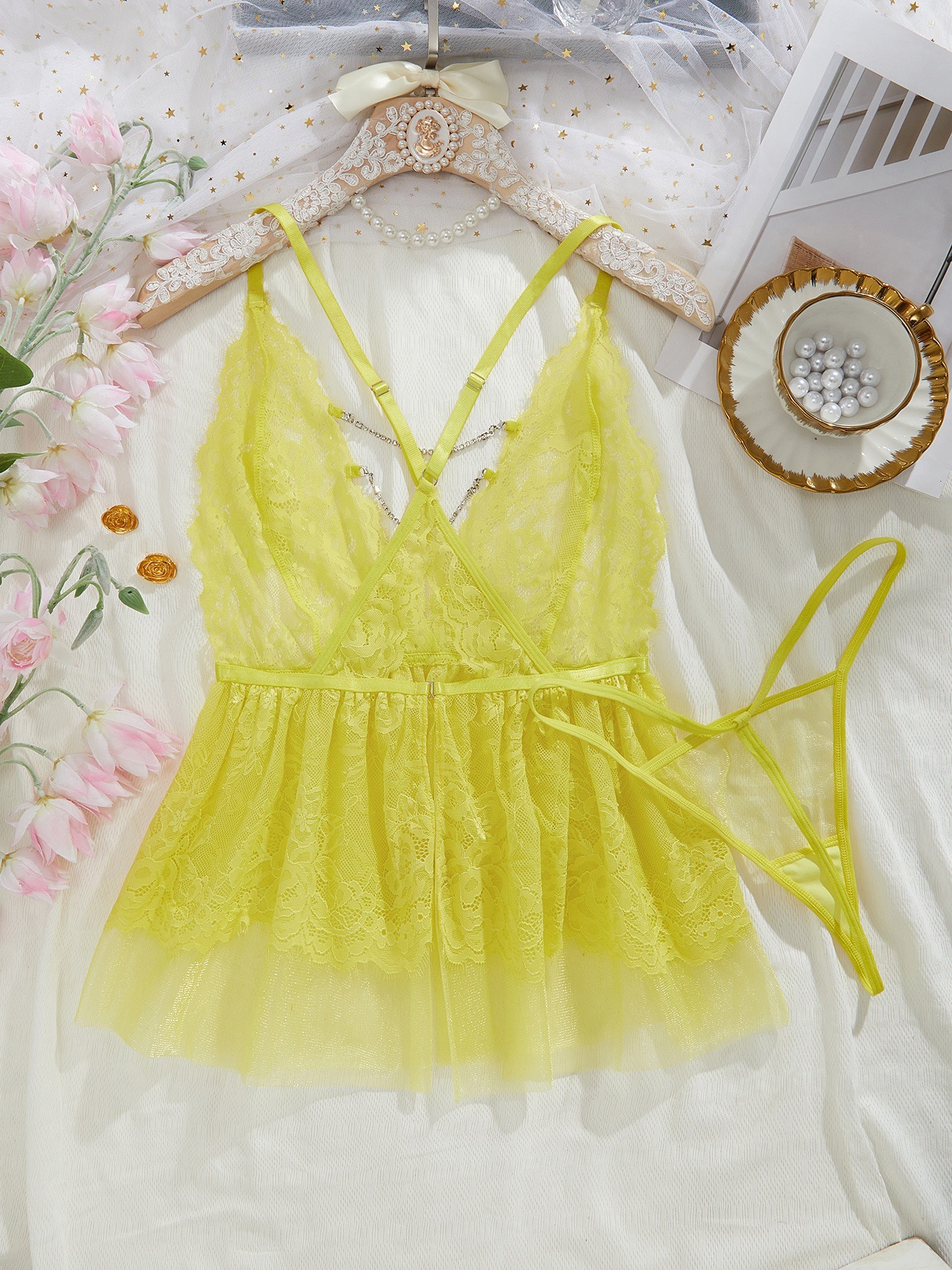 Yellow Lace Babydoll & Thong Set-SexBodyShop