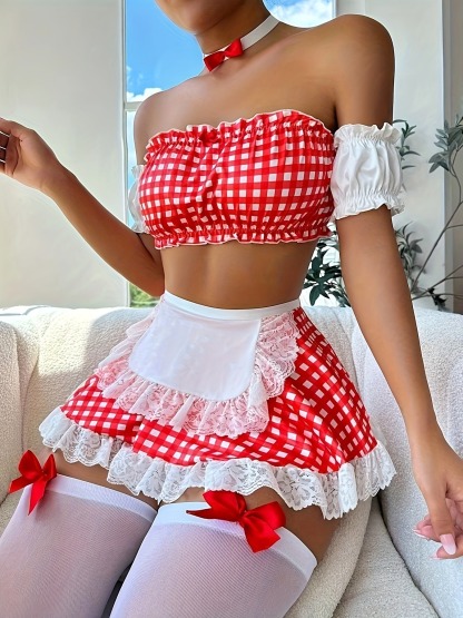 Red Plaid Maid Costume with Stockings-SexBodyShop