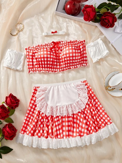 Red Plaid Maid Costume with Stockings-SexBodyShop