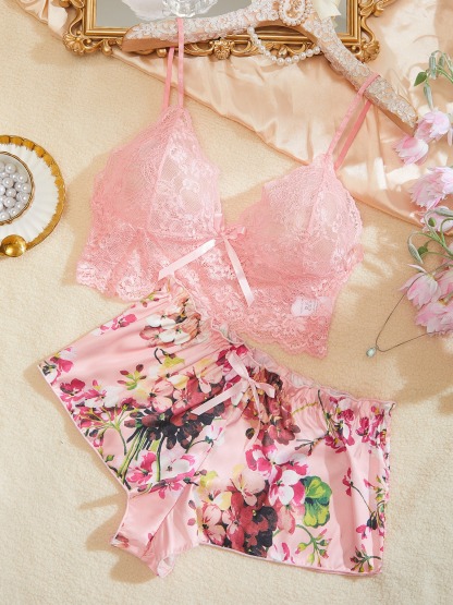 Pink Seductive Lace Lingerie Sheer Bra & Shorts Set-SexBodyShop