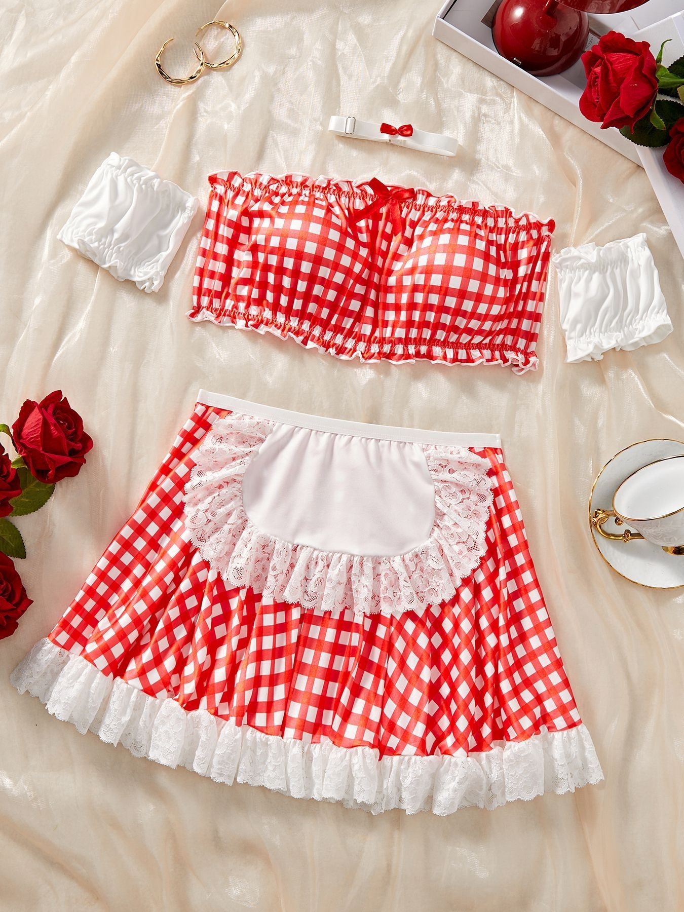Red Plaid Maid Costume with Stockings-SexBodyShop