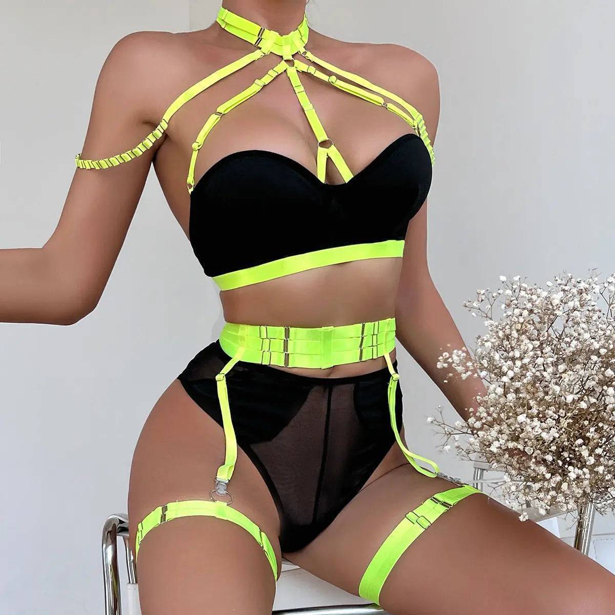 Neon Green Strappy Bra & Garter Set-SexBodyShop