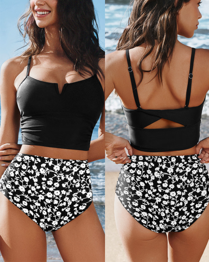 👙Black V-Wire Tankini Top & Floral High-Rise Bottoms Set-VibeCloset