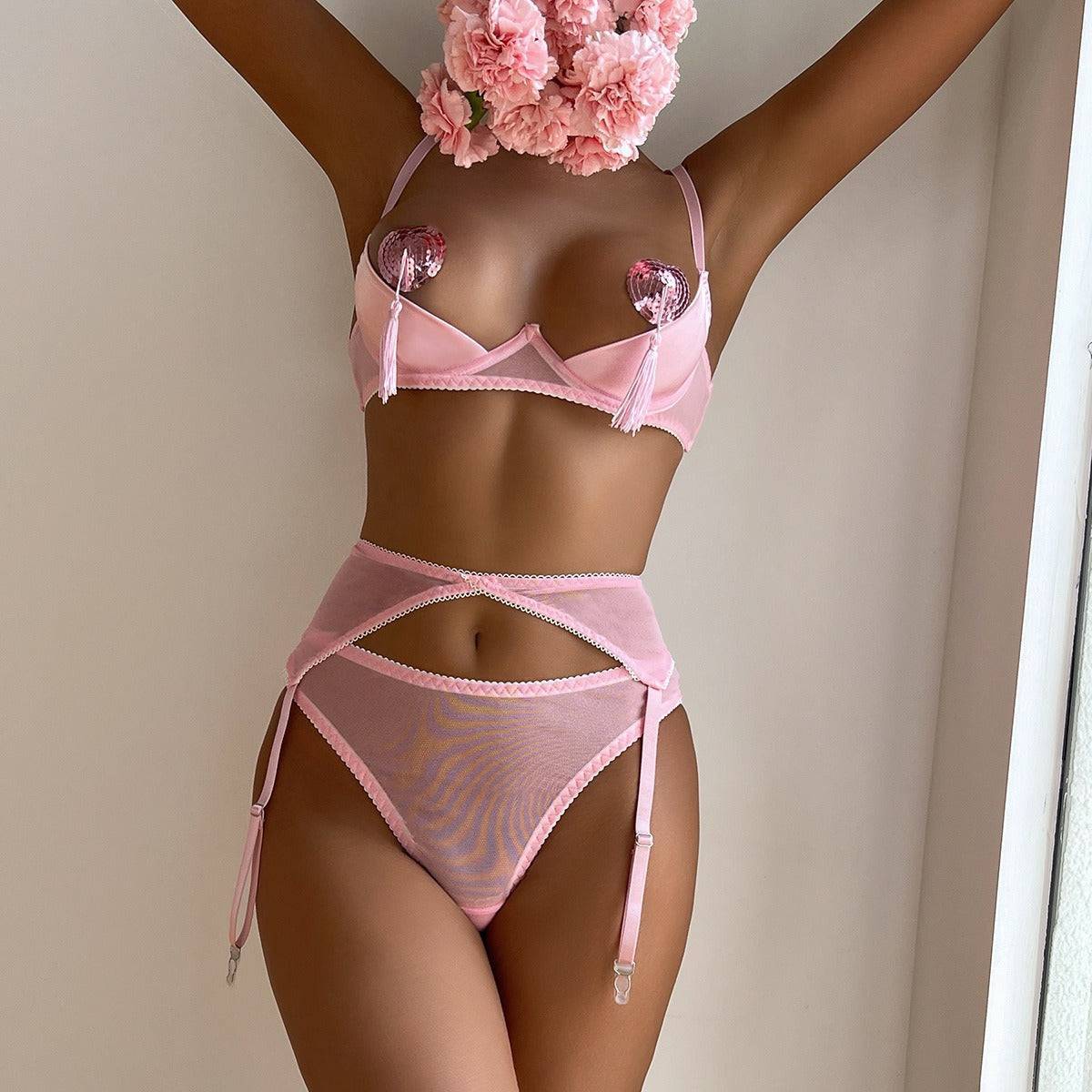Pink Satin Flower Pasties Bra&Garter Set-SexBodyShop