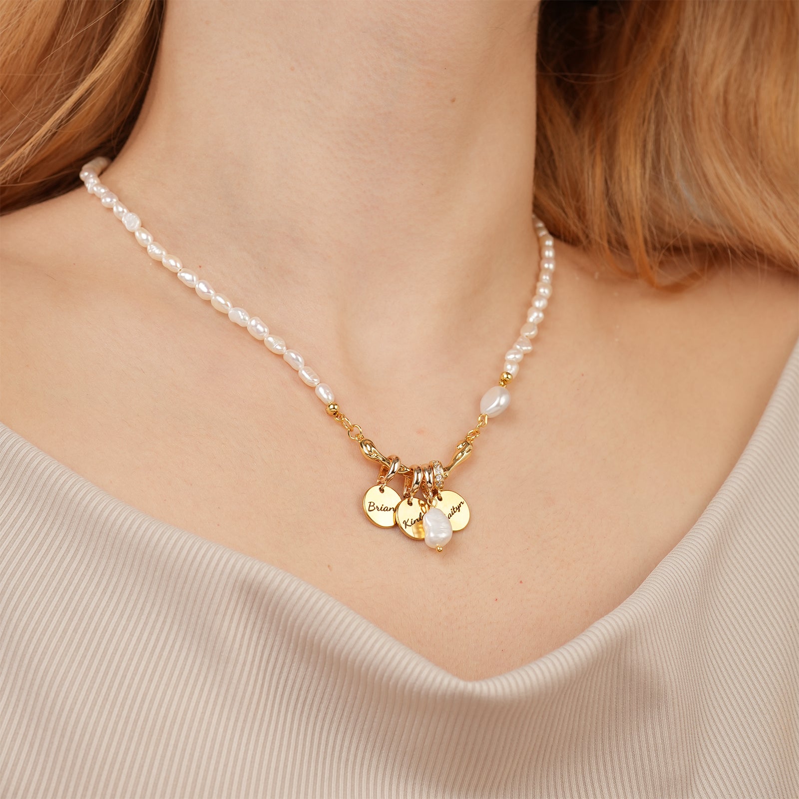 Personalized Family Name Disc Pendant - Natural Freshwater Baroque Pearl Necklace-VibeCloset