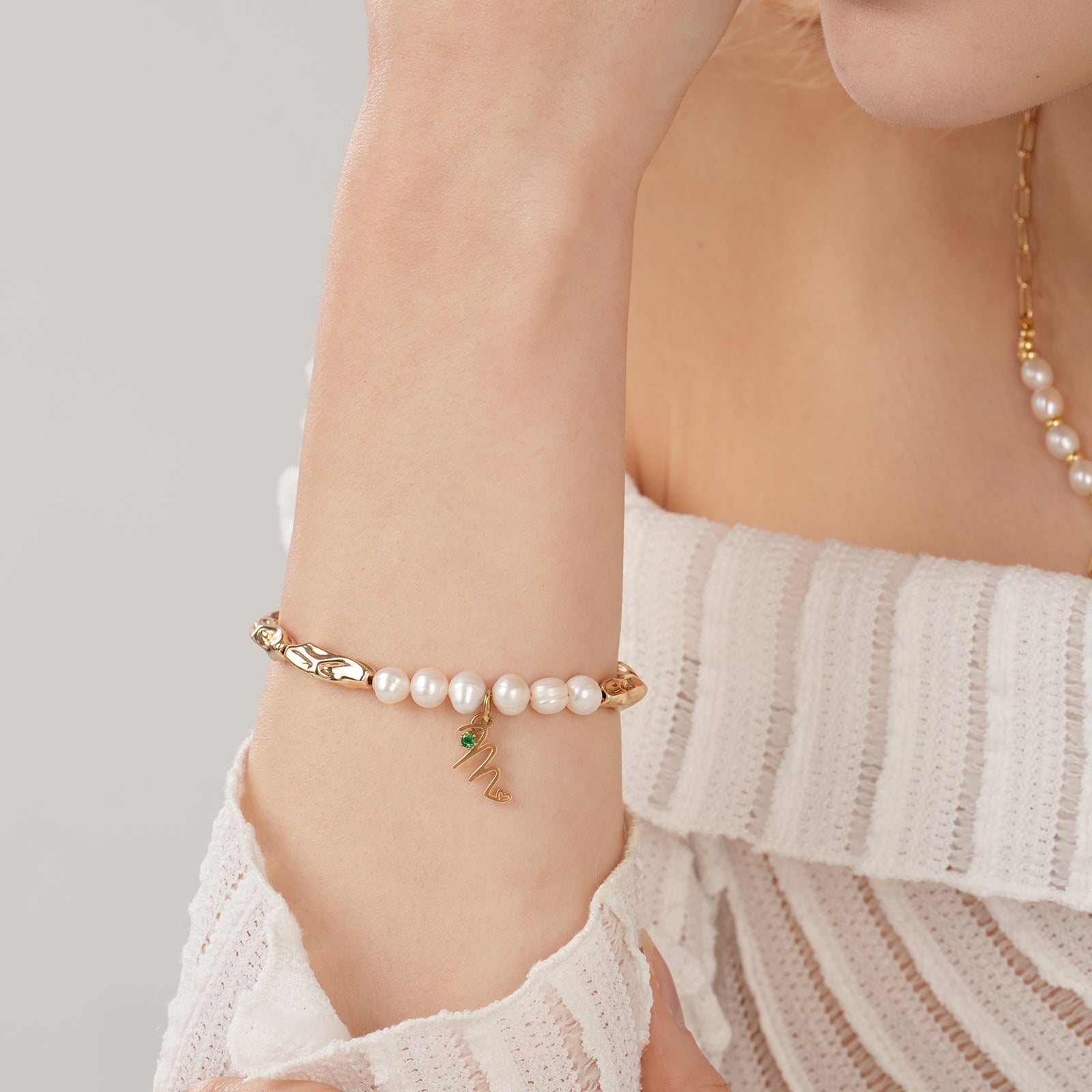 Personalised Initial and Birthstone Charm Natural Freshwater Pearl Bracelet-VibeCloset
