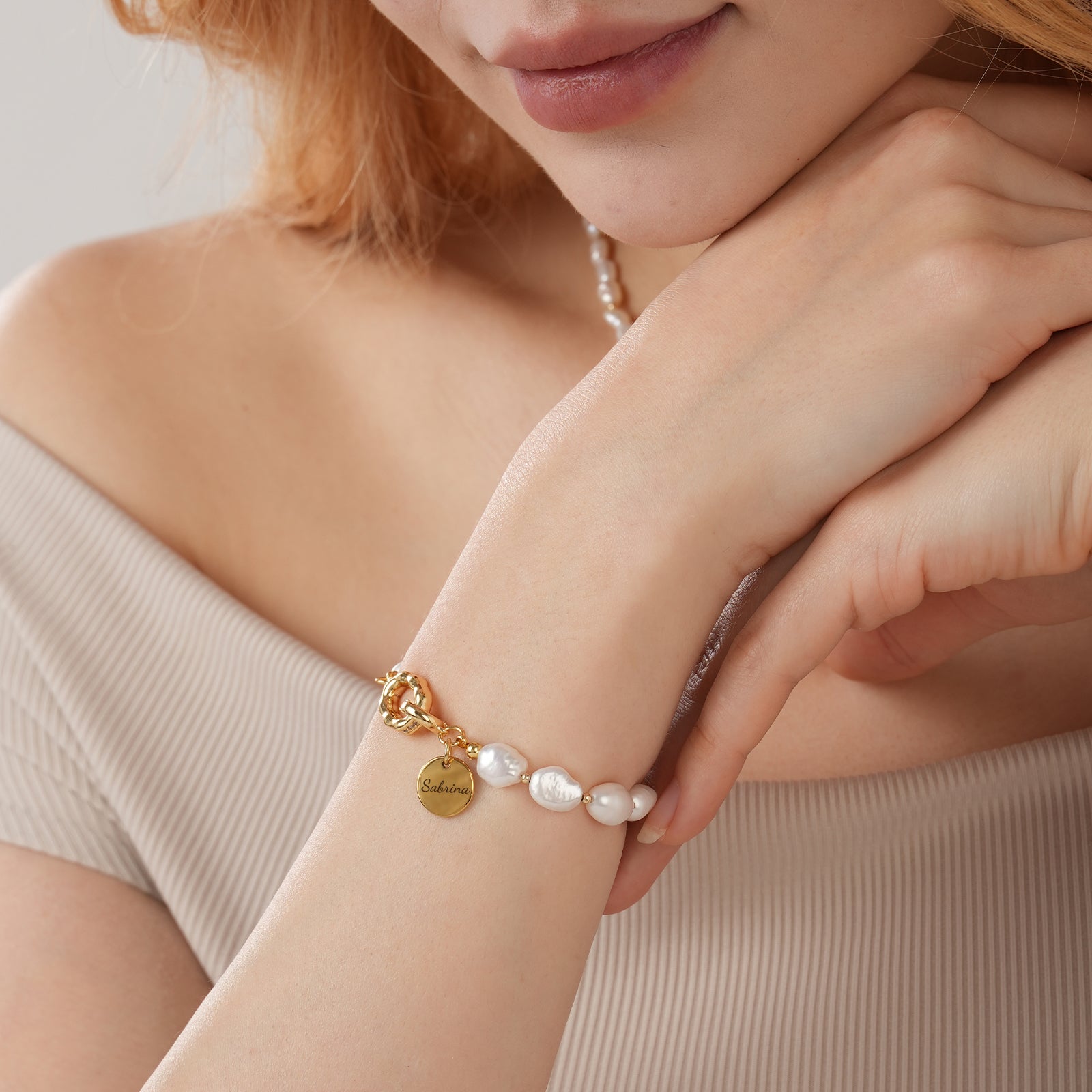 Personalized Name Charm Freshwater Baroque Pearl Bracelet-VibeCloset