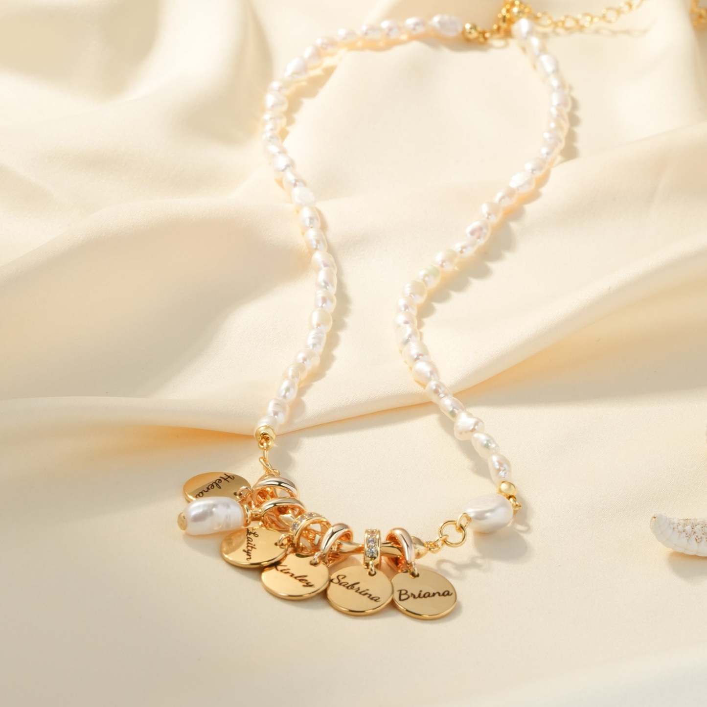 Personalized Family Name Disc Pendant - Natural Freshwater Baroque Pearl Necklace-VibeCloset