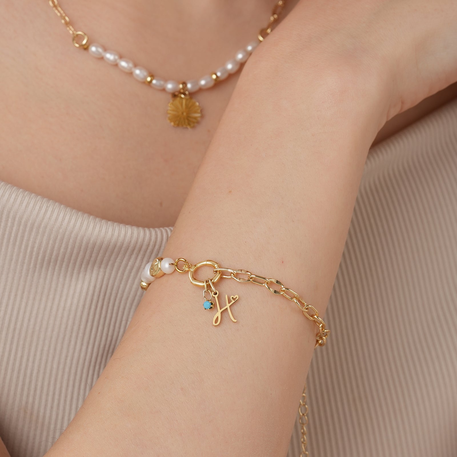 Freshwater Pearl Paperclip Personalized Birthstone and Initial Bracelet-VibeCloset