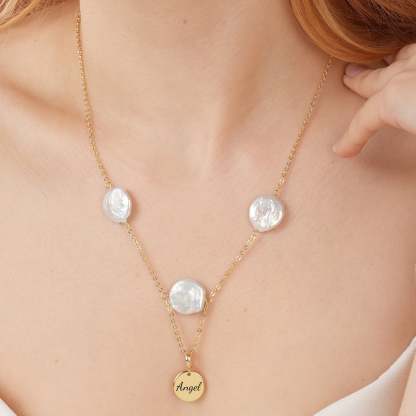 Baroque Pearl Personalized Name Disc Pendant Necklace-VibeCloset