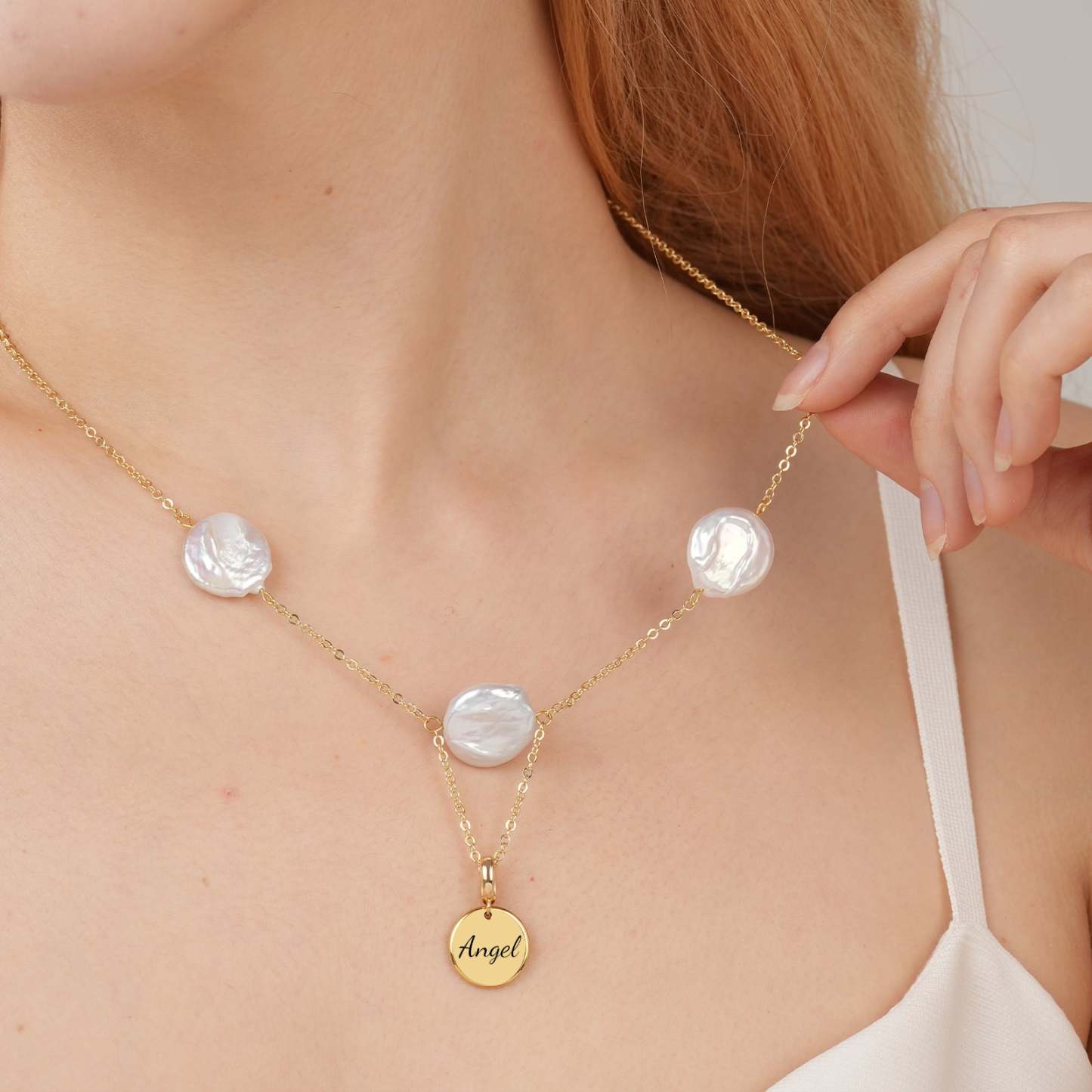 Baroque Pearl Personalized Name Disc Pendant Necklace-VibeCloset