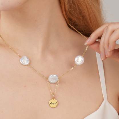Baroque Pearl Personalized Name Disc Pendant Necklace-VibeCloset