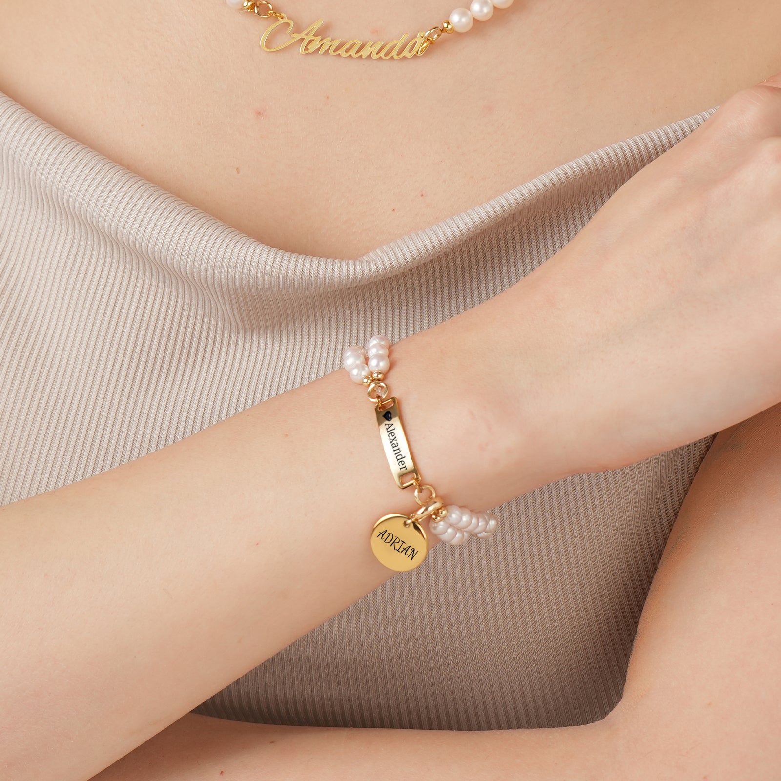 AAA White Freshwater Pearl Personalised Name Bar Strand Charm Pearl Bracelet-VibeCloset