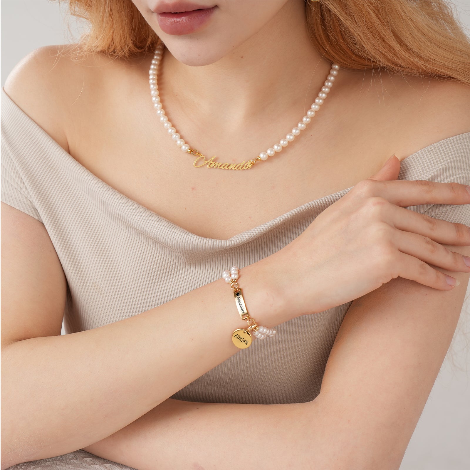 AAA White Freshwater Pearl Personalised Name Bar Strand Charm Pearl Bracelet-VibeCloset