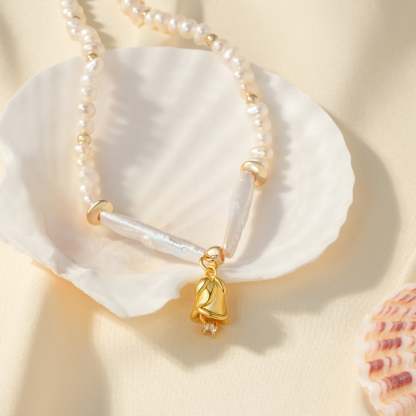 Natural Freshwater Biwa Pearls and 7.5-8mm Pearls Personalized Birthday Flower Necklace-VibeCloset