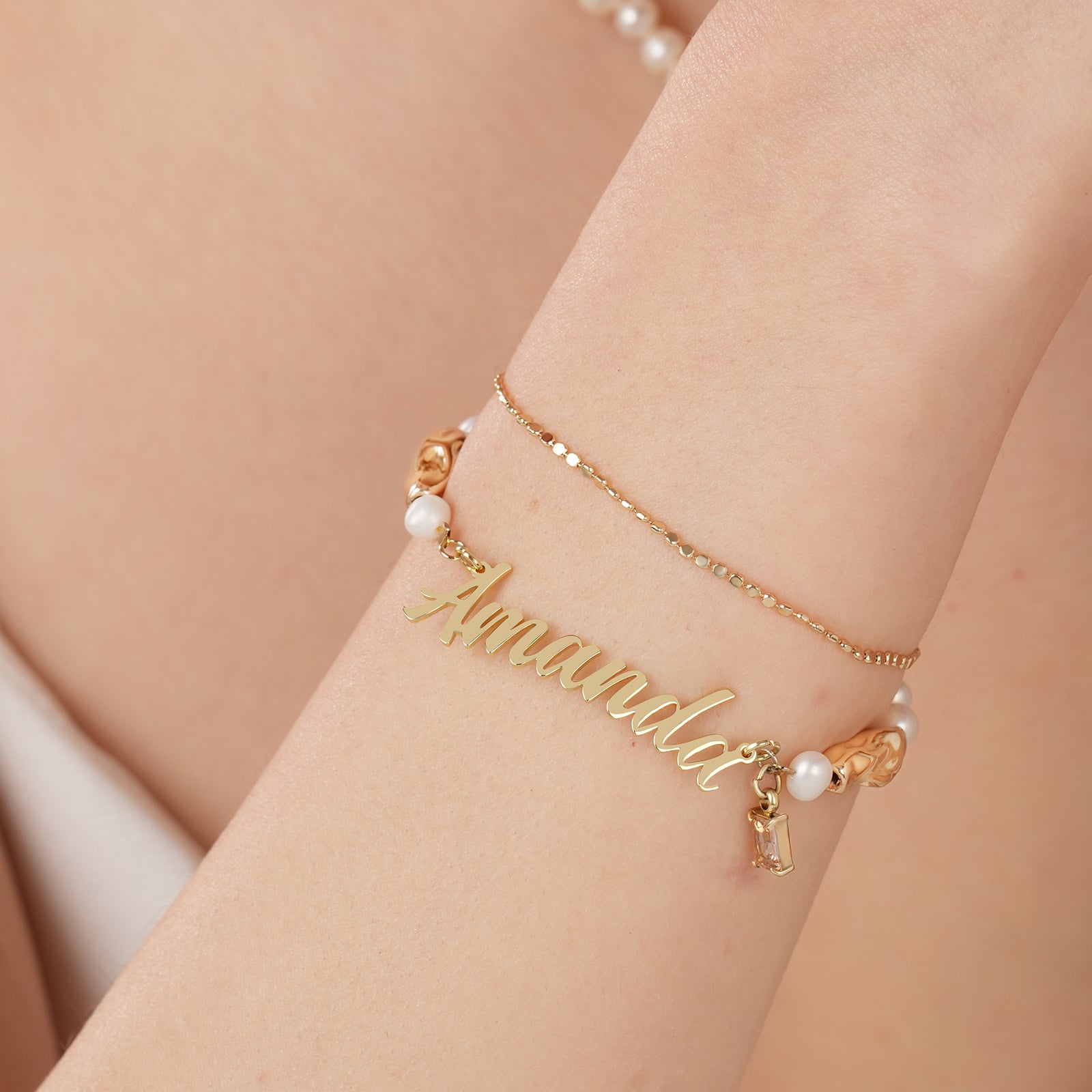 Natural Freshwater Pearl Double Layer Personalized Name Birthstone Bracelet-VibeCloset