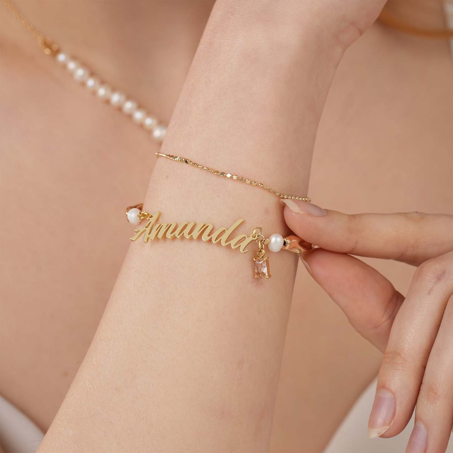 Natural Freshwater Pearl Double Layer Personalized Name Birthstone Bracelet-VibeCloset