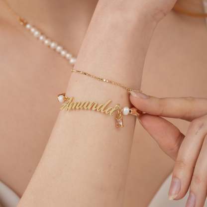 Natural Freshwater Pearl Double Layer Personalized Name Birthstone Bracelet-VibeCloset
