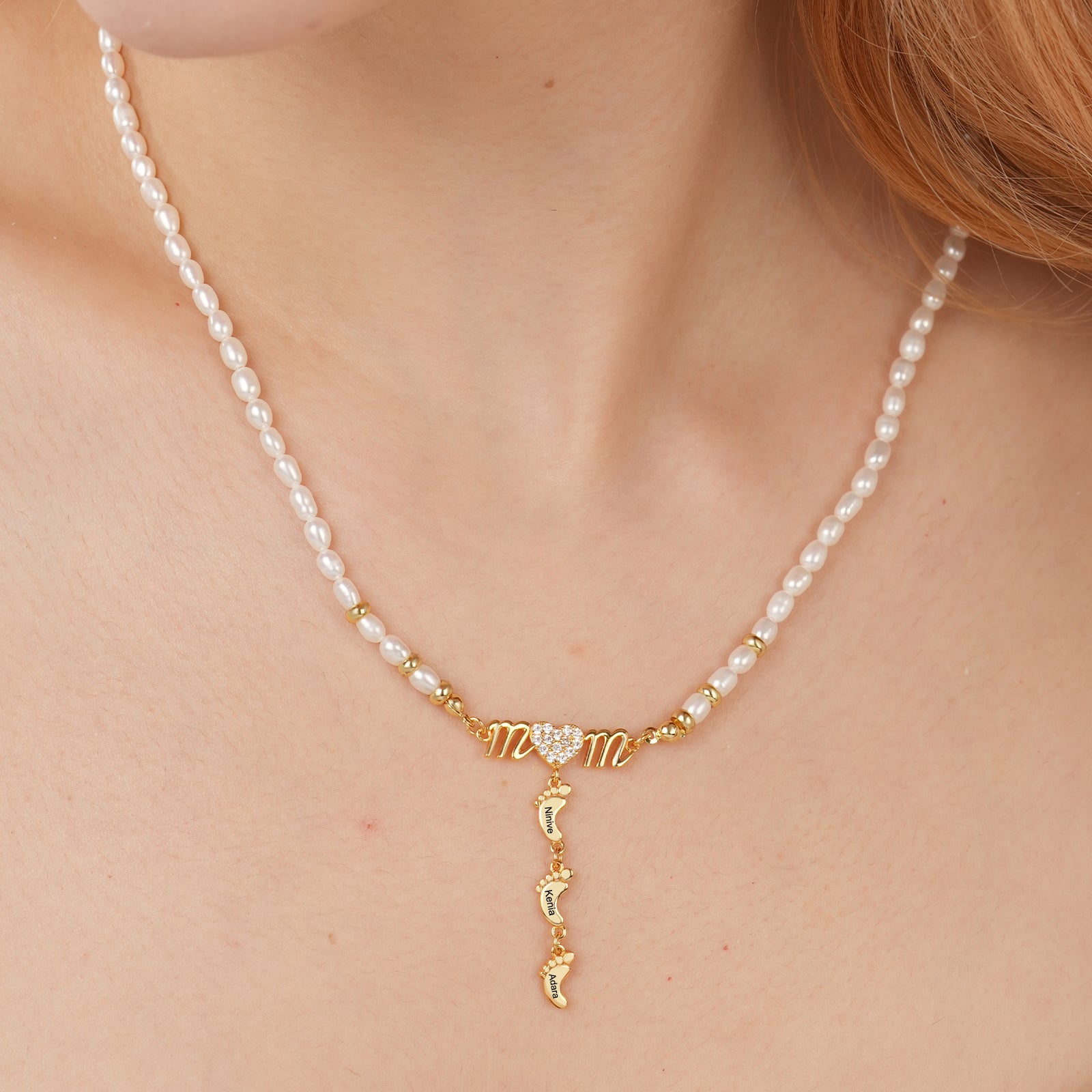 Natural Freshwater Rice Beads Personalized Mom Necklace with Baby Foot Pendant-VibeCloset