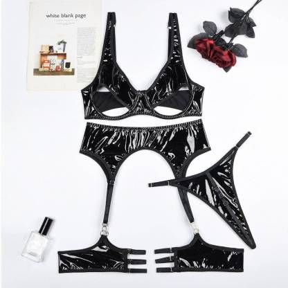 New Black Vinyl&Leather Complex Bra&Garted Set-SexBodyShop