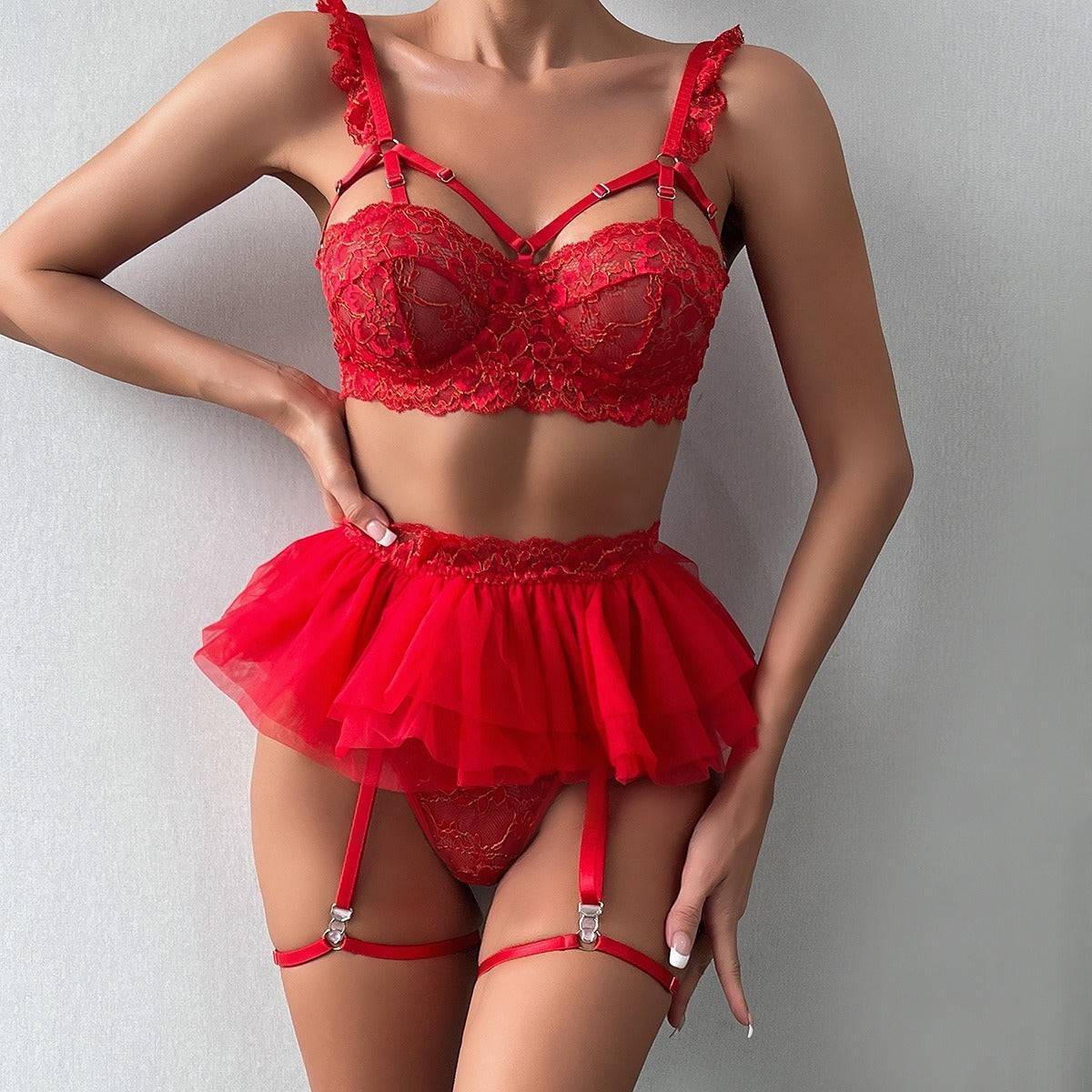Spicy Red Lace Lingerie Bra&Garter skirt Set-SexBodyShop