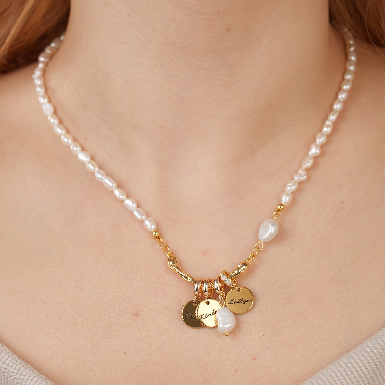 Personalized Family Name Disc Pendant - Natural Freshwater Baroque Pearl Necklace-VibeCloset
