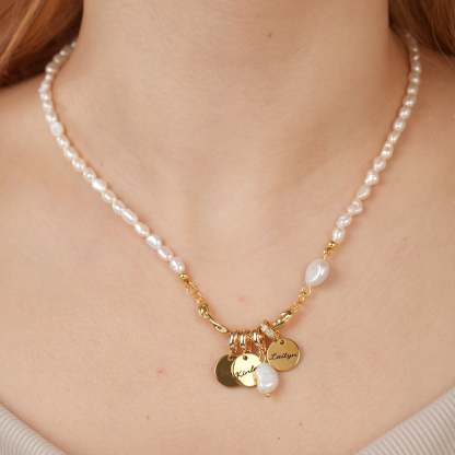 Personalized Family Name Disc Pendant - Natural Freshwater Baroque Pearl Necklace-VibeCloset