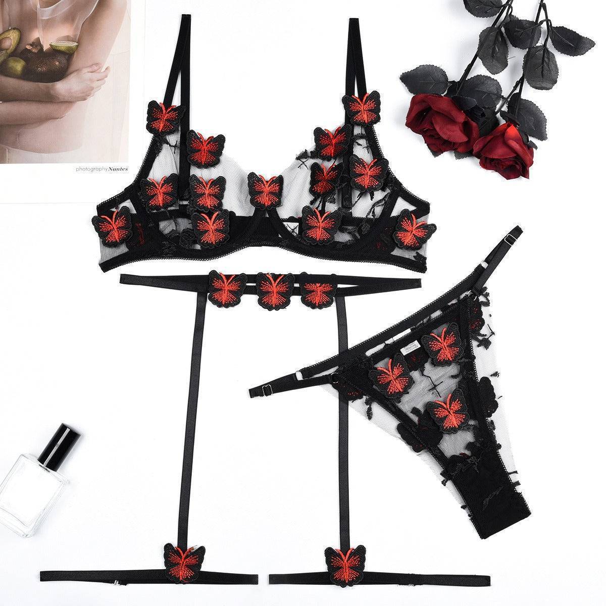 Black Embroidered butterfly Strappy Lingerie Bra&Garter Set-SexBodyShop