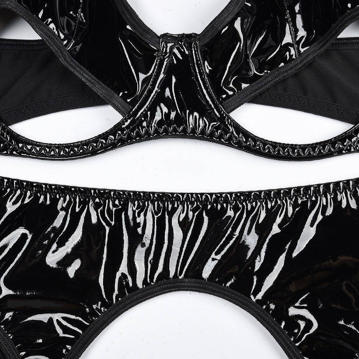 New Black Vinyl&Leather Complex Bra&Garted Set-SexBodyShop