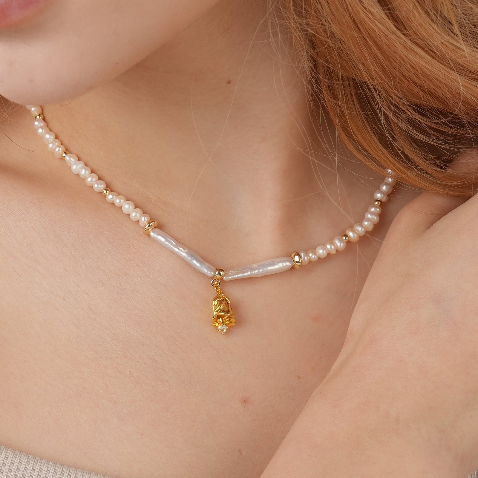 Natural Freshwater Biwa Pearls and 7.5-8mm Pearls Personalized Birthday Flower Necklace-VibeCloset