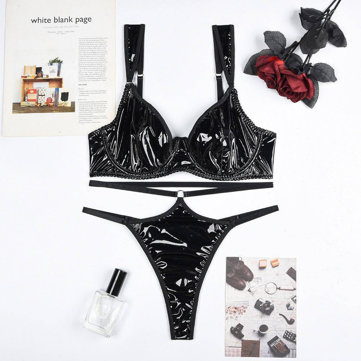 Black Vinyl&Leather Bra&Garted Set(Gloves not included)-SexBodyShop